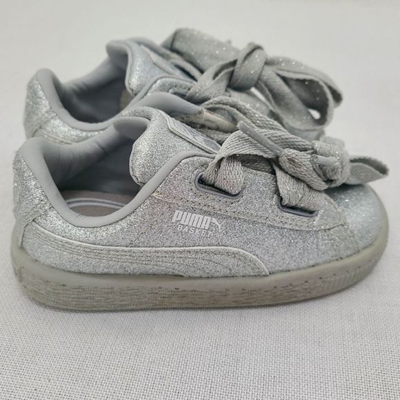 EUC Puma Silver Grey Glitter Basket Heart Sneaker Sz 7 (toddler) - Picture 1 of 8